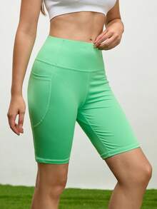 Cheerettes Quần short thể thao liền mạch cạp cao màu trơn dành cho nữ, quần short biker - màu xanh lá - Xem 4