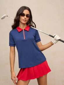 Activina Women's Contrast Color Short Sleeve Zipper Design Casual Fitness Sports Polo Shirt - Blue - View 1