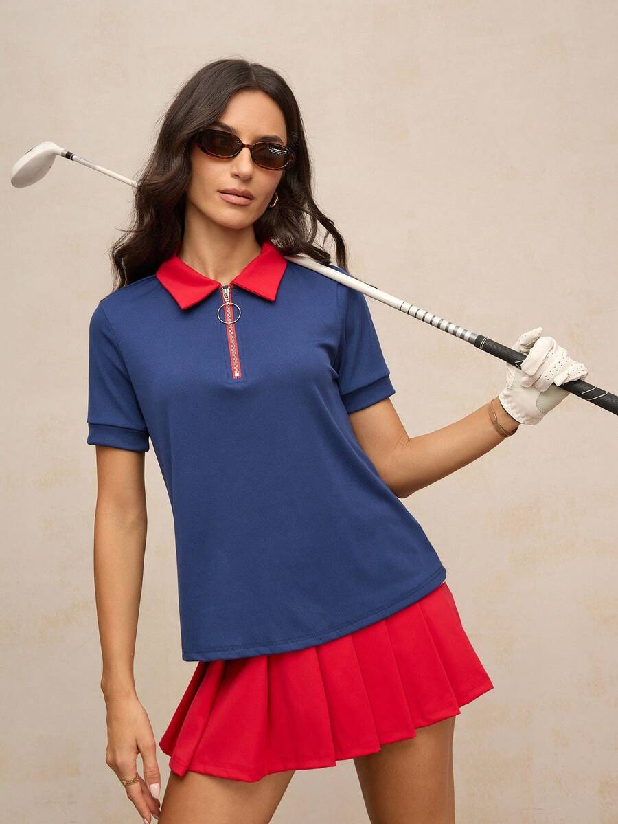 Activina Women's Contrast Color Short Sleeve Zipper Design Casual Fitness Sports Polo Shirt - Blue - View 1