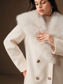Anewsta Women's Fashionable Ivory Long Overcoat With Fluffy Collar And Double-Breasted Design, Plus Size, Autumn/Winter - White - View 5