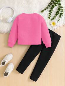 SHEIN Young Girl 2pcs/Set Knitted Character Print Loose Crop Sweatshirt And Leggings Outfits,Light Pink,Autumn,School,Back-To-School,Sport Style,Fleece - Pink - View 5
