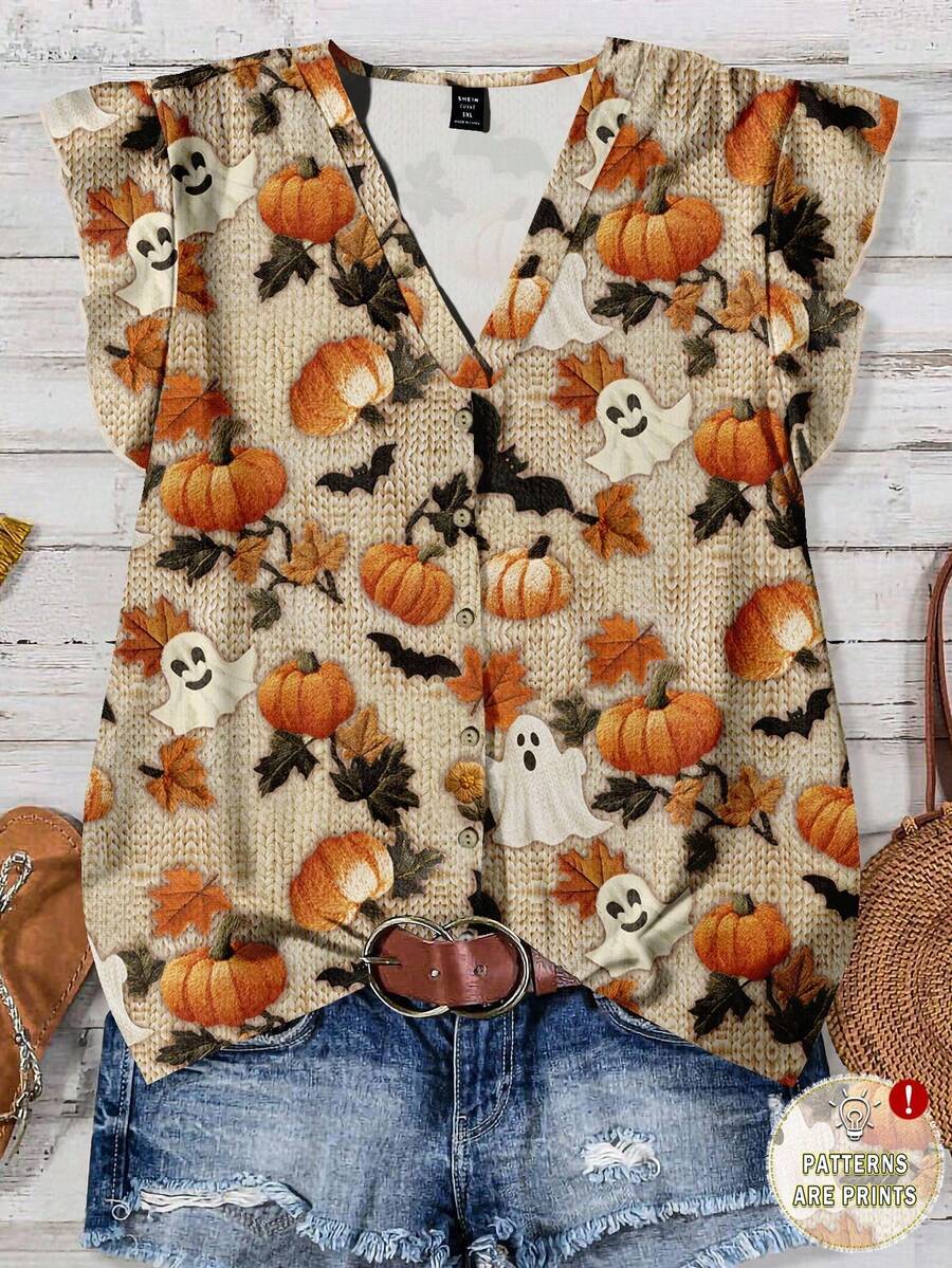 EMERY ROSE بلوزة قصيرة الأكمام بياقة على شكل حرف V وكشكشة في الذيل، بطبعات أشباح وقرع الهالوين، مناسبة للحفلات والأعياد والأزياء الصيفية العادية - متعدد الألوان - مشاهدة 1