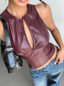 Aloruh Áo nữ mùa thu, kiểu dáng thường ngày, đơn giản, thanh lịch, phù hợp đi làm, màu trơn, chất liệu da, thích hợp đi xem hòa nhạc, đi chơi, kiểu Ankla, màu đỏ, chất liệu PU, không tay, phong cách Y2K. - Màu Đỏ Sâu - Xem 2