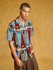 HARRY POTTER X SHEIN 男士休闲时尚街头度假风格全印花翻领短袖宽松衬衫，夏季 - 彩色 - 查看 6