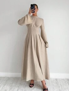 Siren Gaze 秋季新款女士收腰立领长款A字连衣裙 - 杏色 - 查看 4