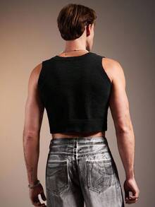 FeverCity Men's Solid Color Round Neck Casual Sleeveless Knit Vest, Autumn, For Fall Winter - Black - View 2