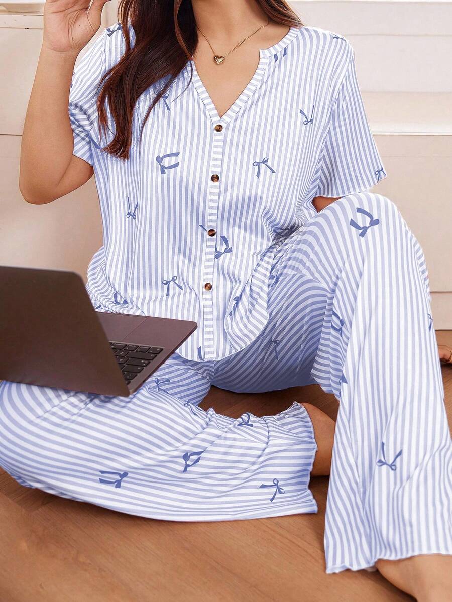 Snug Zone 2pcs Soft & Skin-Friendly Striped Bow Print Short Sleeve Top And Pants Pajama Set Blue And White Pajamas Button Up Pajama Set - Purple - View 1