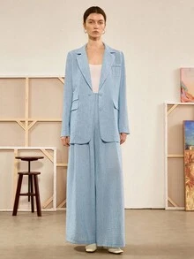 Chiquease 女士春秋波西米亚经典牛仔蓝色西装外套，袖口开衩，搭配阔腿西装裤，蓝色西装套装 - 藍色 - 查看 8