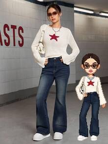 SHEINY2K 时尚百搭重工石洗喇叭牛仔裤，适合年轻女孩 - 深色水洗藍 - 查看 4