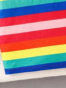 Vestido casual, cómodo y versátil con cuello polo a rayas de arcoíris, para niñas jóvenes, dulce y lindo - Rojo - Ver 4