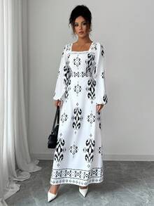 Elenzga Damen Kontrastfarbiges bedrucktes Kleid mit Quadratausschnitt und Langarm - Weiss - Übersicht 4