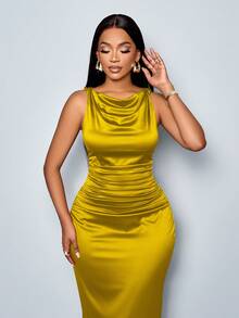 SOLERSUN Đầm dự tiệc không tay xếp nếp cổ tròn màu trơn thanh lịch dành cho nữ, hoàn hảo cho tiệc tối - Màu Mù tạt vàng - Xem 4