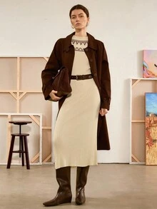 Chiquease Autumn/Winter Casual Bohemian Geometric Pattern Fitted Knit Dress - Apricot - View 6
