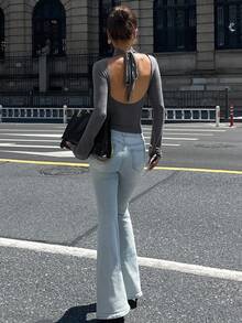 DAZY 女士优雅修身露背灰色毛衣，秋冬长袖上衣 - 灰色 - 查看 6