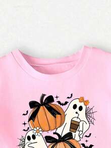 SHEIN Baby Girl Casual Minimalist Fashion Halloween Pumpkin Bow Graphic Short Sleeve Round Neck T-Shirt, Suitable For Summer - Pink - View 5