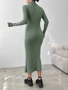 RueChic Của phụ nữ Màu thuần Cổ cao Đồ đan Ribbed Váy len bó sát , Không có Eo Thắt lưng - màu xanh lá - Xem 2