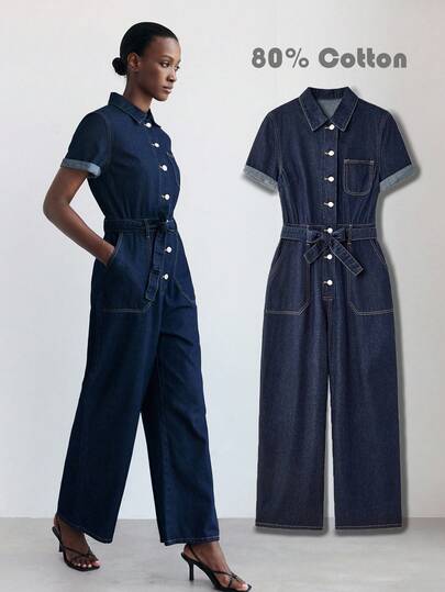 Maija Women's Dark Blue Denim Jumpsuit Shirt-Style Short-Sleeved Straight Jumpsuit Classic And Versatile Work Outfits For Women Fall Clothes