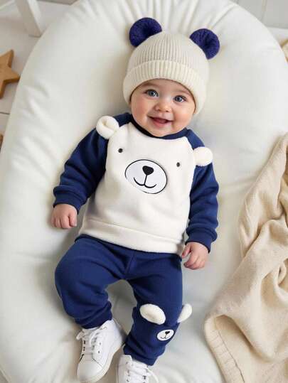 Vintaside Kids Conjunto de top de manga larga y pantalones con estampado de oso lindo para niños pequeños, en colores azul y blanco contrastantes, adecuado para uso diario, interior y exterior, otoño/invierno