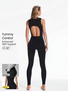 GLOWMODE 26'' FeatherFit™-Air Sweat-Wicking Quick-Dry Flow And Go Tummy Control Cutout Back Square Neck Back Athletic Workout Romper Bodyduit With Side Pockets Non-Slip Grips Low Impact Yoga Pilates Studio Daily Casual Wear - Black - View 1