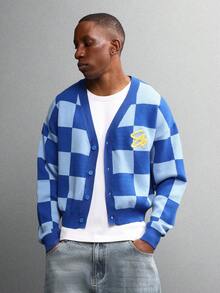 SUMWON Cardigan de Botões com Ajuste Crop em Estilo Xadrez Bicolor, Suéter de Tricô Estilo Universitário com Decote V Clássico, Camada Casual Leve de Malha para Outono e Inverno - Azul - Visão 6