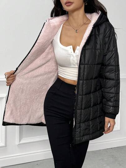 SHEIN Tonårsflickors överdimensionerade vadderade kappa, vinterjacka med dragkedja och huva, långärmad nallebjörn, termiskt fodrad, quiltad parka, medellång, moderiktig och mångsidig, kombinera med byxor, träningsbyxor, jumpsuit, tröja, hoodie, höst