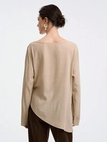 Aalyst Casual & Commute Fashionable High-End Linen Blend Woven Fabric Round Neck Raglan Long Sleeve Tie Waist Slim Asymmetrical Hem Women Blouse Fall Cloth For Women