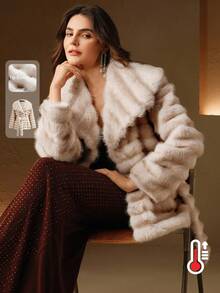 Anewsta Women's Smooth Faux Fur Collar Belted Striped Layered Autumn/Winter Faux Fur Coat - White - View 1