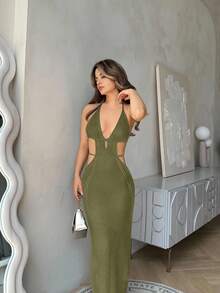 Jemour 罩衫黑色钩针性感深 V 领镂空开衩春夏度假服中长款女式连衣裙 - 軍綠色 - 查看 1