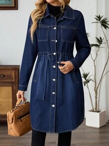 EMERY ROSE Women's Casual Drawstring Waist Denim Coat Fall Winter - Dark Wash - View 5