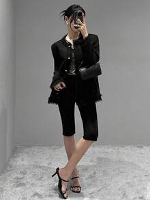 DAZY 金属扣流苏粗花呢夹克女式外套 - 黑色 - 查看 3