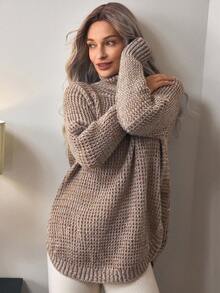 Louniche Turtleneck Raglan Sleeve Sweater,Long Sleeve Tops - Khaki - View 5