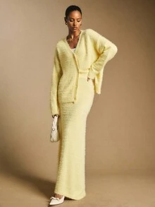 Poéselle Conjunto de 2 peças de cardigan de malha fofo com decote em V e calças soltas para mulheres - Amarelo - Ver 2