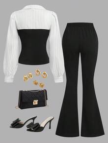 SHEIN مجموعة مكونة من قطعتين مناسبة للمراهقات، ملابس علوية علوي مخطط منسوج باك وسروال أسود ملبس كاجوال أنيق مناسب للربيع والخريف