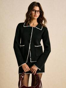 Poéselle 2-częściowy damski komplet: kardigan z kontrastowym wykończeniem i spódnica dzianinowa - Czarne - Zobacz 6