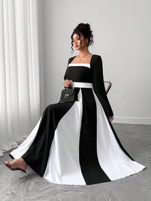 Elenzga Elegant Minimalist Color Block Long Sleeve Square Neck Dress Fall Cloth For Women - Black and White - View 6