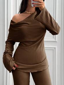 EURMUSE 2 Pieces Outfits For Women 90s Casual Boho Muse Blouse Flare Leg Pants Solid Daily Pleated Suit - Brown - View 7