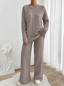 EURMUSE Women's Autumn Cable Pattern Raglan Sleeve Sweater And Knit Pants Casual 2 Pieces Set - Mocha Brown - View 2