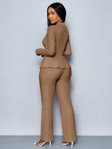 SOLERSUN Women's Apricot Color Elegant V Neck Long Sleeve T-Shirt And Wide Leg Pants Two Pieces Set,Asymmetrical Hem Two Pieces Outfits,Casual Daily Wear,Winter Clothes For Women Fall Cloth For Women - Brown - View 2