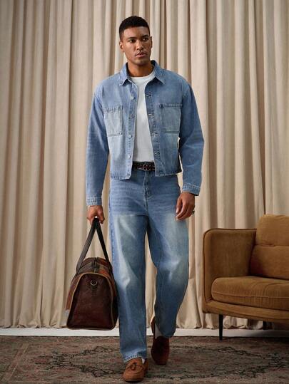 RivetRise Men's Light Blue Denim 2 Pieces Set, Casual Loose Fit Jacket And Wide Leg Jeans Boyfriend & Husband, Fall Clothes