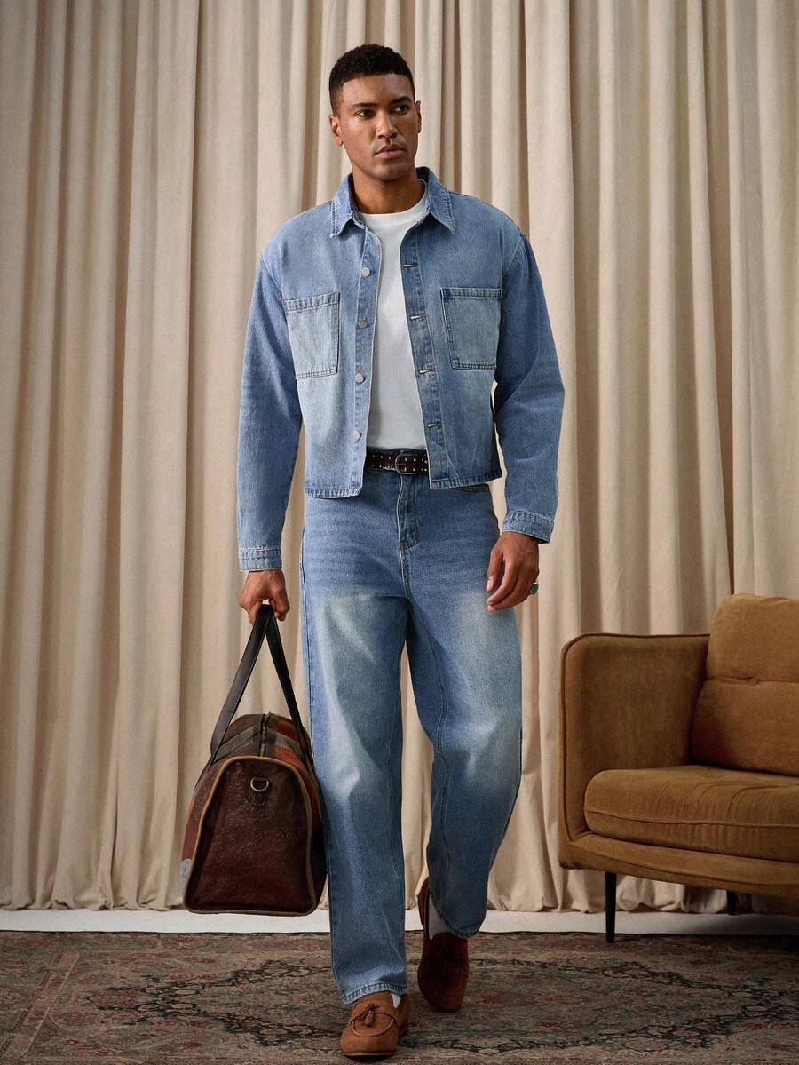 RivetRise 男士浅蓝色牛仔两件套，休闲宽松夹克和阔腿牛仔裤，男友和丈夫，秋季服装
