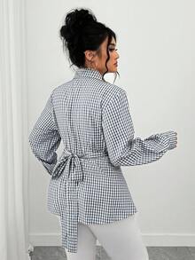 Elenzga Chemise à manches longues à carreaux bleus et blancs de style minimaliste pour femmes grandes tailles - Bleu azur - Voir 2
