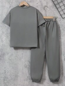 2pcs/Set Older Boys' Casual Simple White Striped Pocket Design Short Sleeve T-Shirt And Knit Drawstring Pants Sports Outfit, Spring/Summer