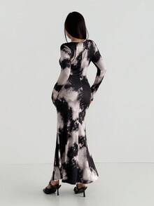 Aidyla Women's Autumn Knitted Tie Dye Print Long Sleeve Bodycon Elegant Going Out Date Vintage Style Maxi Wrap Dress, Black Fall Cloth For Women - Multicolor - View 6