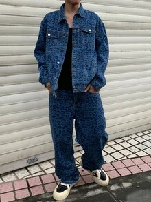 Manfinity EMRG 男士豹纹休闲长袖夹克和牛仔裤套装中性款 Z 世代印花蓝色 OVERSIZE 街头秋季服装 - 中等水洗藍 - 查看 7