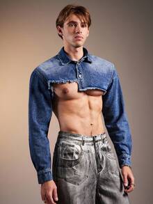 FeverCity 男士长袖毛边休闲牛仔夹克，秋季 - 藍色 - 查看 4