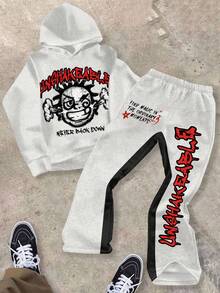 SHEIN 青少年男孩休闲简约 Y2K 拼色嘻哈英文字母星星图案宽松连帽衫和喇叭裤两件套，适合秋冬季 - 彩色 - 查看 2