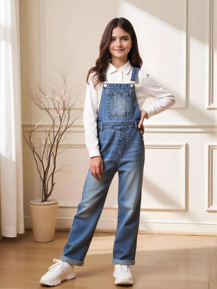 SHEIN Tween Girl Cat Whisker Washed Denim Overalls Chic Outfits For Spring/Autumn/Winter - Medium Wash - View 9