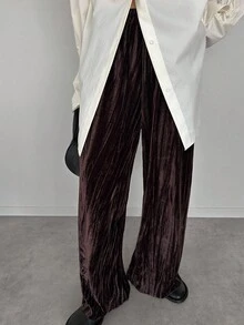 FRIFUL Pantalones rectos casuales sueltos de cintura elástica de terciopelo marrón sólido para mujer, otoño - Marrón - Ver 4