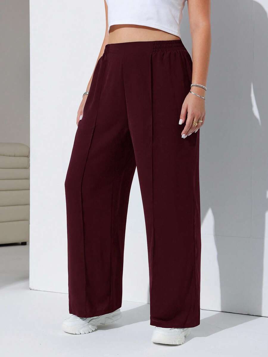 SHEIN EZwear 酒红色加大码女式纯色褶皱休闲宽松裤 - 酒紅色 - 查看 1
