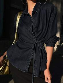 DAZY 女式纯色前扣长袖牛仔衬衫（侧系带）